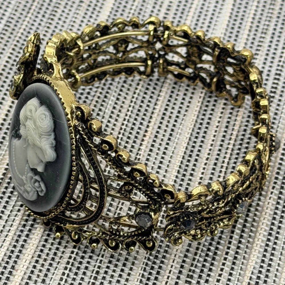 Vintage Victorian Revival Cameo Clamper Bracelet Rhinestone Gold Tone Filigree